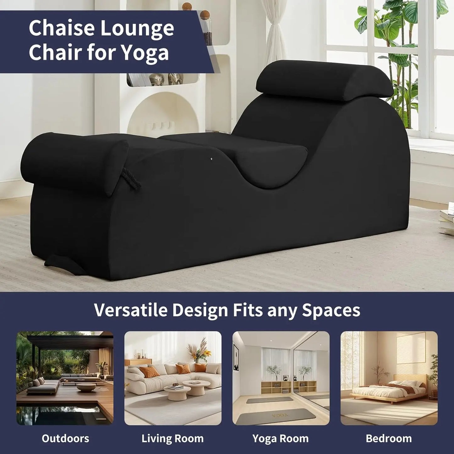 Sleek Chaise Lounge Chair for Exercise/Yoga, Indoor Lounger with Headrest, Waist Cushion, Movable Footrest, Side Pockets, Non-Sl