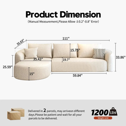 111" Modular Sectional Couches Luxury Modern Curved Back Sofa,Minimalist Comfy L-Shape Boneless Cloud Couch for, Customized
