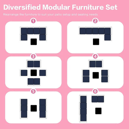 7-Piece Outdoor Rattan Sectional Sofa Set, Gray Wicker Patio Furniture Sets with Navy Blue Cushions for Balcony, Porch, Backyard