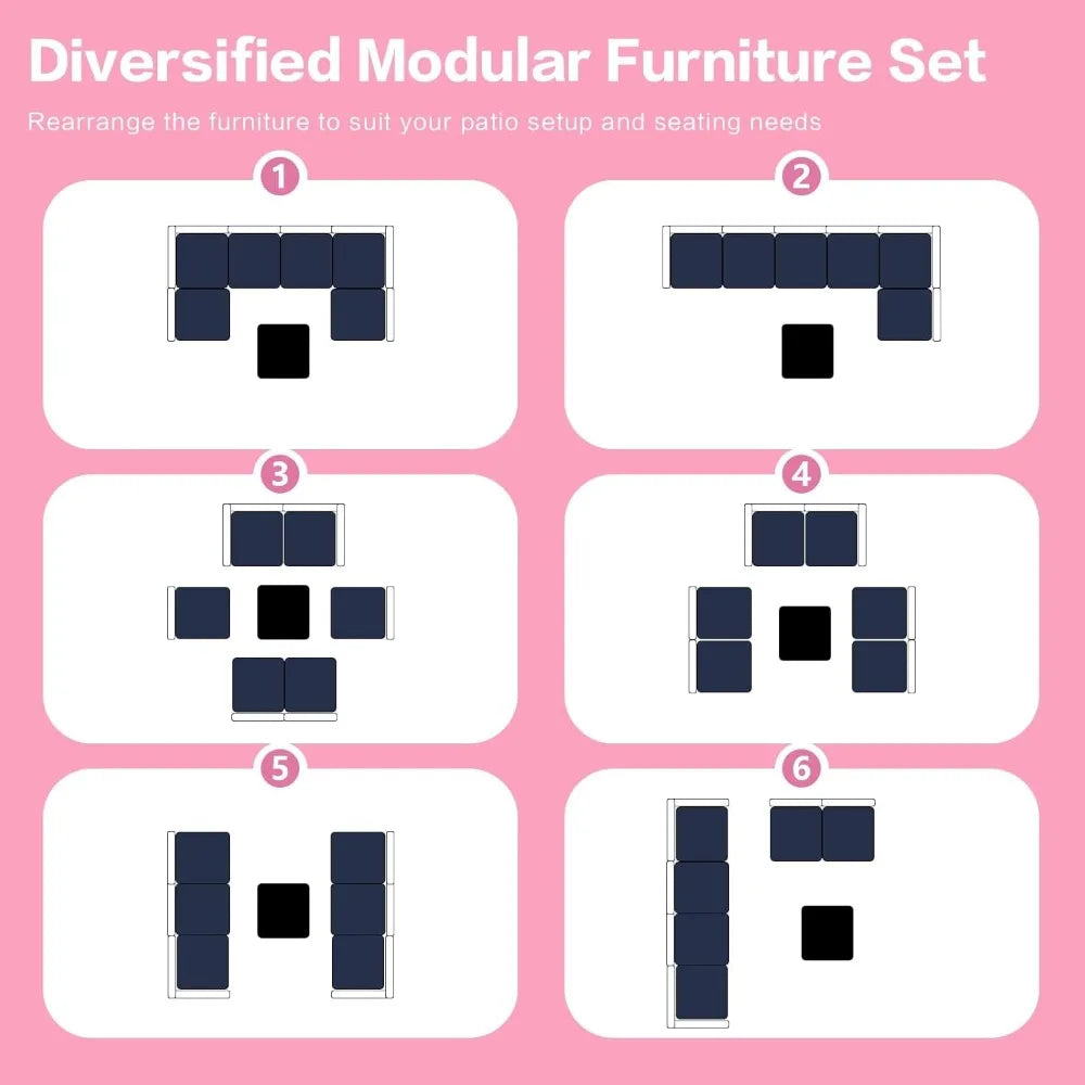 7-Piece Outdoor Rattan Sectional Sofa Set, Gray Wicker Patio Furniture Sets with Navy Blue Cushions for Balcony, Porch, Backyard