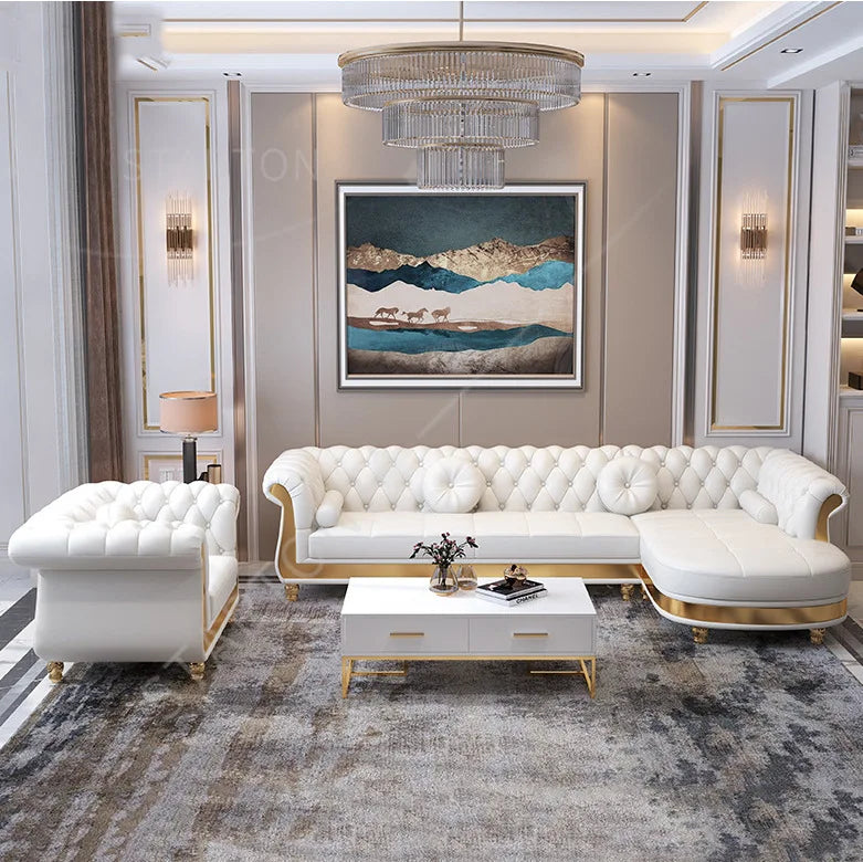 Luxury Nordic Style Living Room Furniture Sofas Sets With Button Tufted Nappa Leather 1-4 Seats Sofa for Home Hotel Apartment