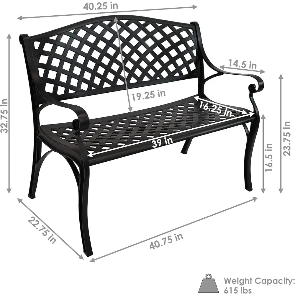 Sunnydaze 39-Inch Outdoor Bench for Patio or Park - Metal Garden Bench for Outdoors - Front Porch or Backyard Seat for Two - Bla