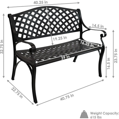 Sunnydaze 39-Inch Outdoor Bench for Patio or Park - Metal Garden Bench for Outdoors - Front Porch or Backyard Seat for Two - Bla