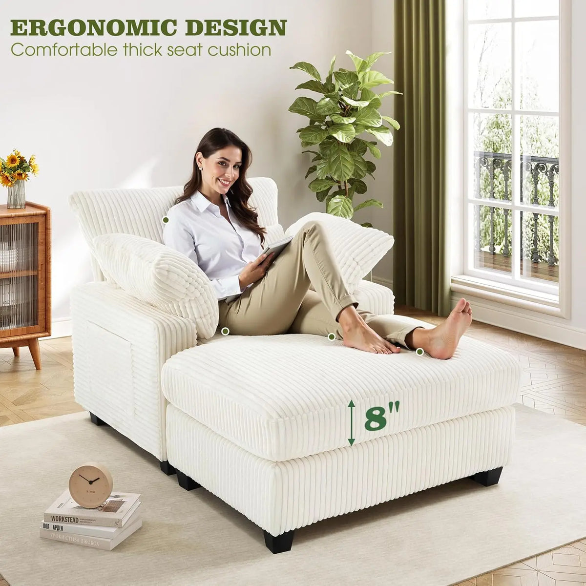 Indoor Chaise Lounge Chair, 57.52 “D Recliner, Corduroy Fabric + Upholstered Comfort Sofa for Living Room, Bedroom, Office