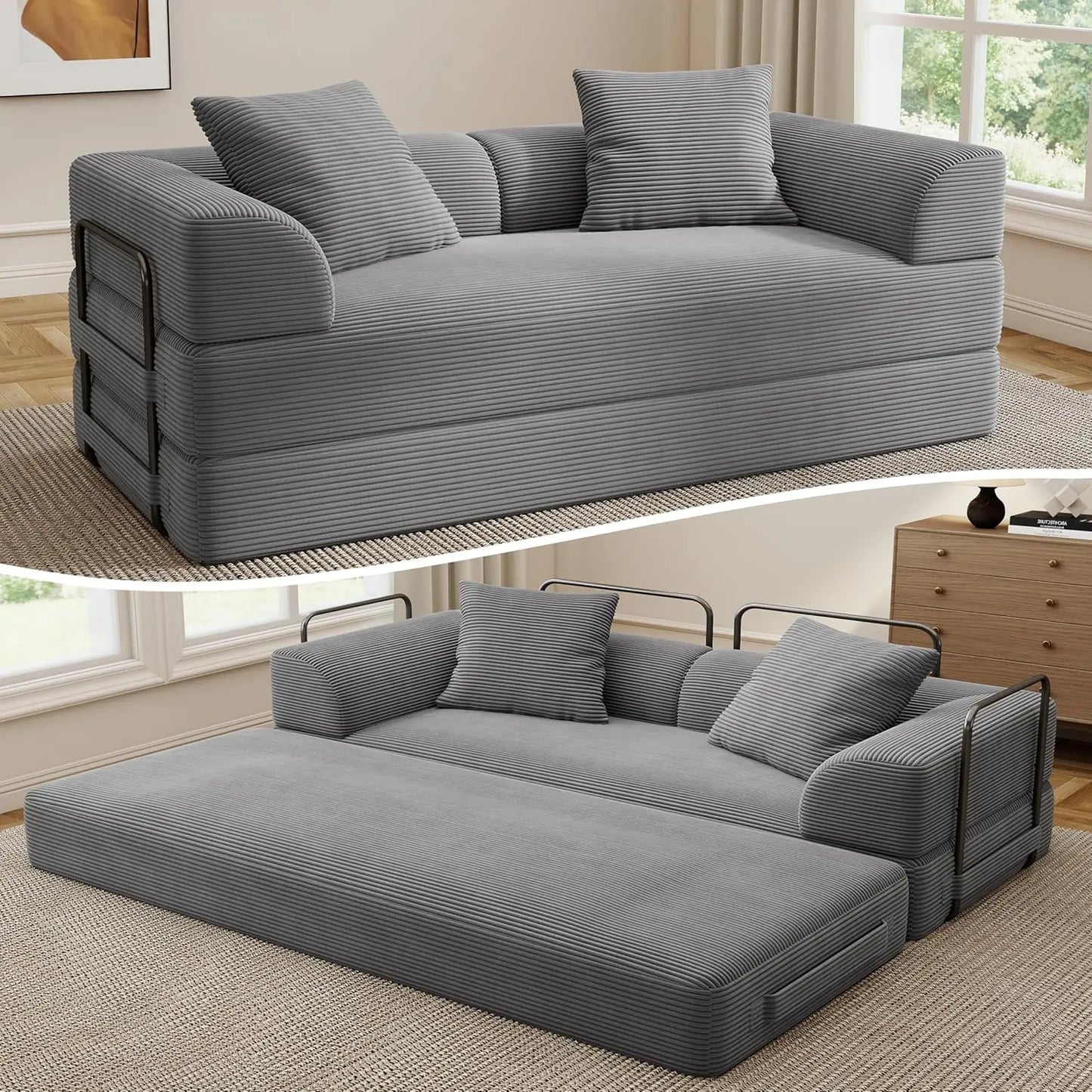 5-in-1 Convertible Sofa Bed Pull-Out Sleeper 70in High-Density Sponge Corduroy Futon Living Room Gray Customized