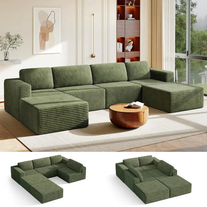97" L-Shape Modular Sofa, 3-Seat Corduroy Couch with Movable Ottoman, Sectional Sofa for Living Room, Green, Customized