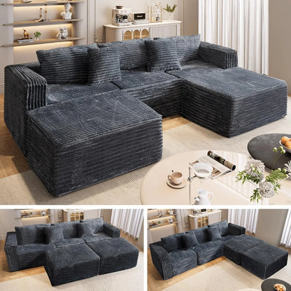 110" U Shaped Boneless Couches for Living Room with 2 Movable Ottomans,5 Seats Modular Cloud Sectional Couch Sofa(Black)
