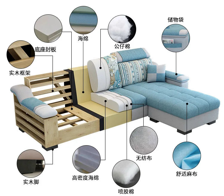 Room Fabric Sofa Modern Minimalist Home Corner Sofa Furniture Combination Nordic Solid Frame Fabric Sofa