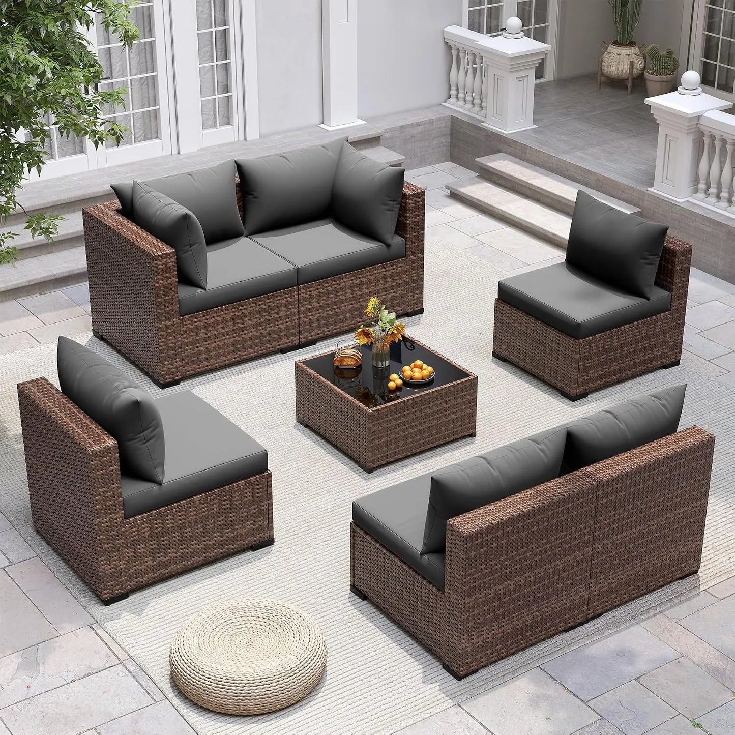 Furniture Set, 7 Piece Sectional Sofas with Wicker Coffee Table, Conversation for Garden, Backyard, Dark Grey, Customized