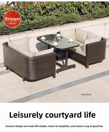 European Outdoor Garden Sofas Leisure PE Rattan Garden Terrace Sofa Chair Set Courtyard Balcony Double Sofa Outdoor Furniture AA