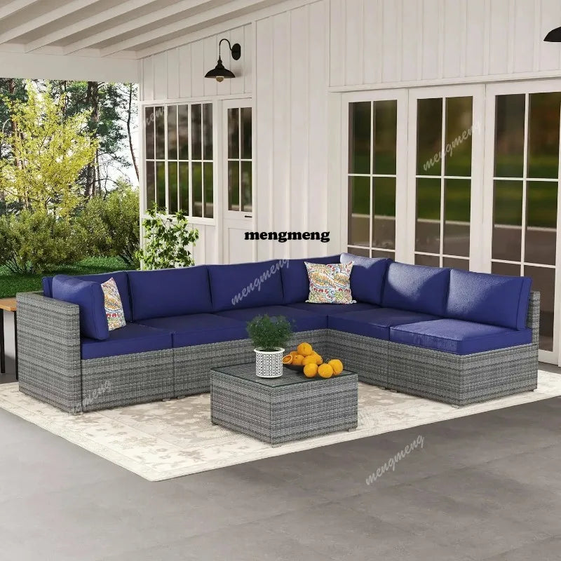 7-Piece Outdoor Patio Furniture Set, Outdoor Couch - Handwoven All-Weather Rattan & 4” Thick Waterproof Cushions,, Customized