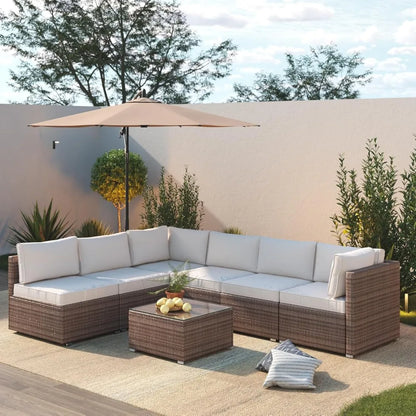 7 Piece Patio Furniture Set, Outdoor Patio Conversation Set, All-Weather Rattan Wicker Sectional Sofa Couch w Water Resistant Th
