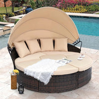 Terrace Circular Sofa Bed with  Canopy, Brown Wicker Furniture