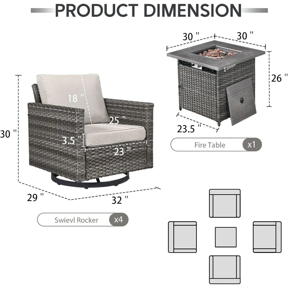 Outdoor Swivel Rocker Chairs Set of 4 with Fire Pit Table - 5 Peice Wicker Patio Furniture Set Conversation Set with 50,000 BTU