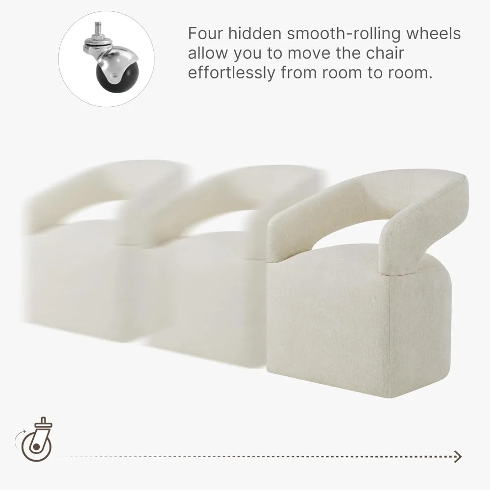 4-PCS Upholstered Dining Chairs with Casters, Cream Barrel Armchairs on Rollers for Multi-Room Use