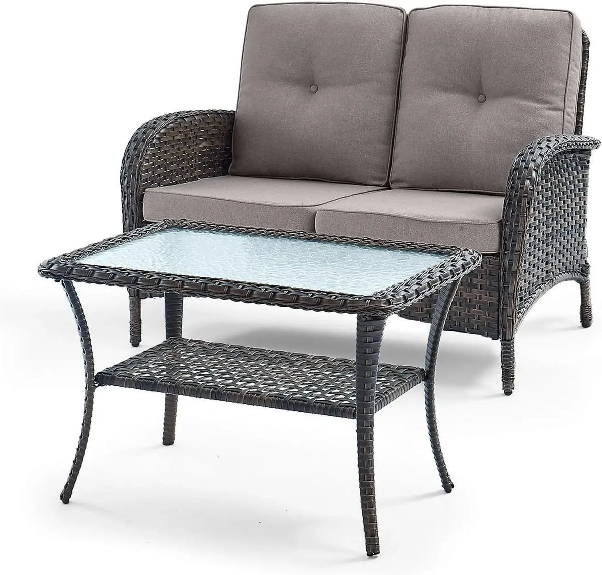 [Free Shipping!]Outdoor Loveseat Sofa 2-Seat PE Wicker Outdoor Couch with Coffee Table,Deep Seat High Back Outdoor Patio Furnitu