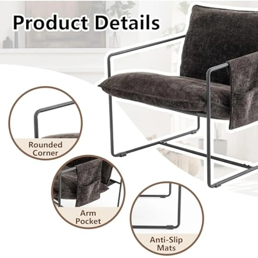 Upholstered Hanging Armchair with Arm Pocket, Comfy Accent Chair with Metal Frame, Crushed Foam Cushions and Skin-Friendly Brai