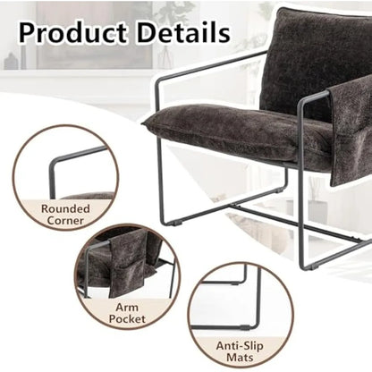 Upholstered Hanging Armchair with Arm Pocket, Comfy Accent Chair with Metal Frame, Crushed Foam Cushions and Skin-Friendly Brai