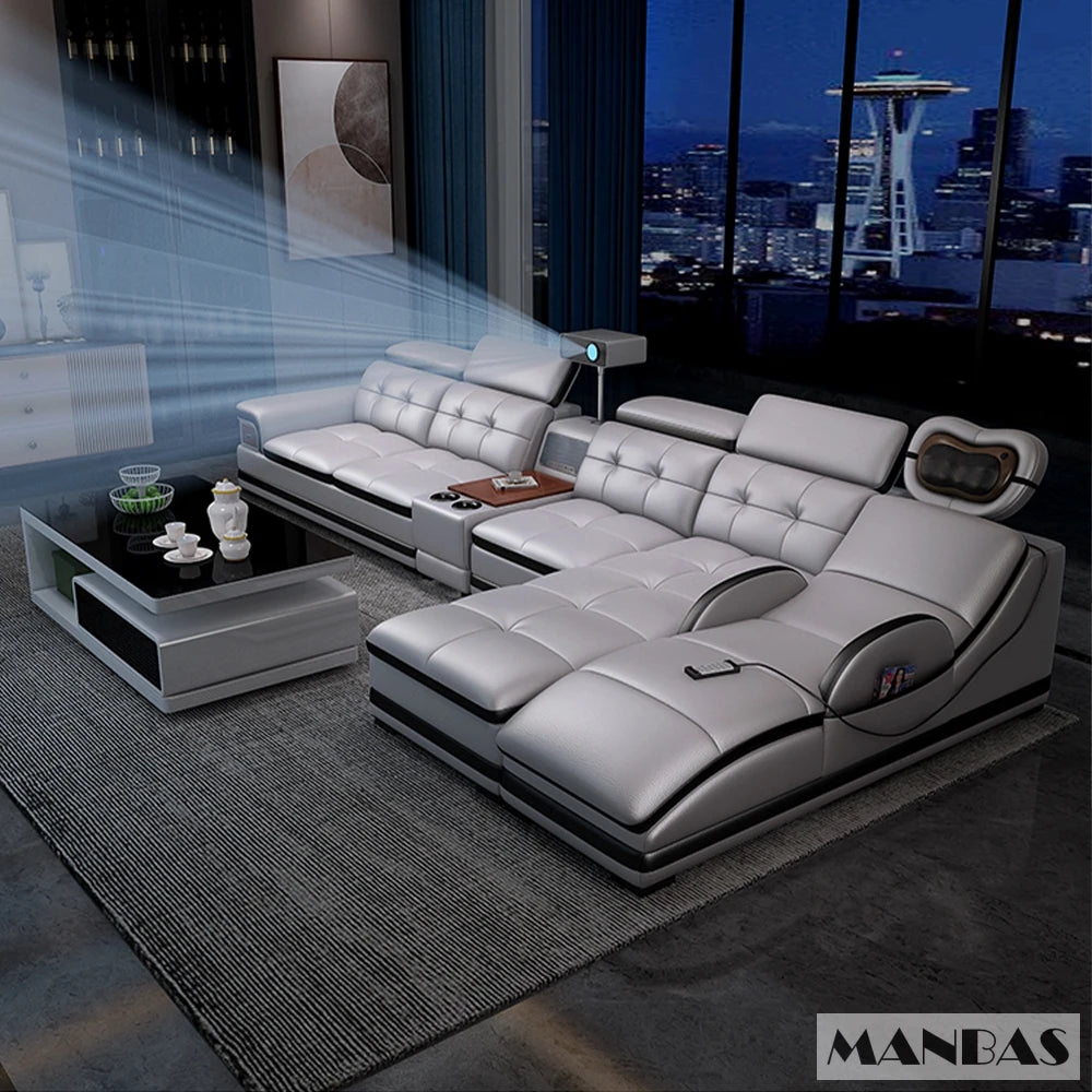 Linlamlim Luxury Genuine Leather Sectional Sofa with Adjustable Headrests, Projector, Speaker and Storage for Living Room Couch