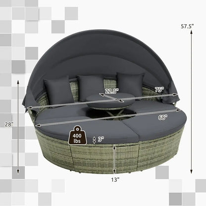 Patio Round Daybed with Retractable , Outdoor Wicker Rattan urniture Set, Sectional Cushioned Soa Set with Height Adjustable Coe
