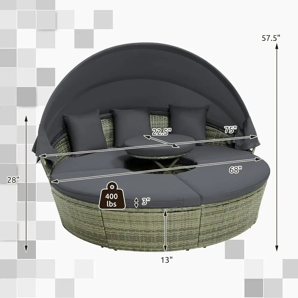 Patio Round Daybed with Retractable , Outdoor Wicker Rattan urniture Set, Sectional Cushioned Soa Set with Height Adjustable Coe