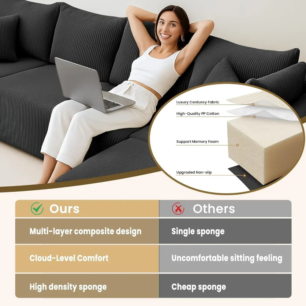 Oversize 131” Boneless Couch for Living Room,Comfort U Shaped Cloud Couch Sectional,Extra Deep Seats Corduroy Modular,Customized