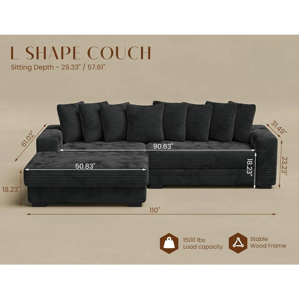 110 Modular Sectional Sofa, L Shaped Couch with Chaise Lounge, Fluffy Corduroy Cloud Couch with Deep Seat for Living Room