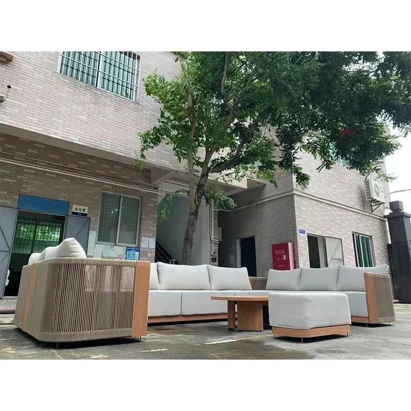 Outdoor Furniture Lounge Sets Modern Garden Teak Wood Couch Sofa Luxury Style Combination Teakwood Rope Sofa Set