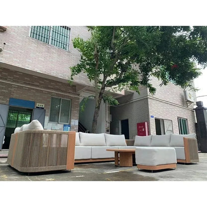 Outdoor Furniture Lounge Sets Modern Garden Teak Wood Couch Sofa Luxury Style Combination Teakwood Rope Sofa Set
