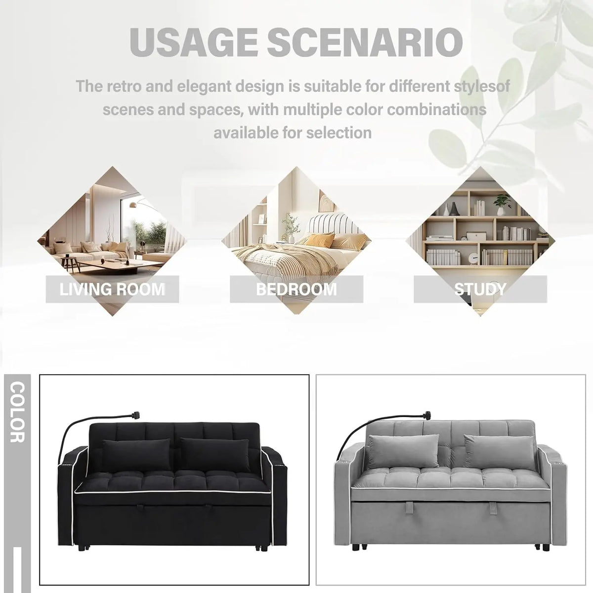 3-in-1 Velvet Sleeper Sofa, Pull-Out Bed, Adjustable Backrest, 55 Loveseat Bed