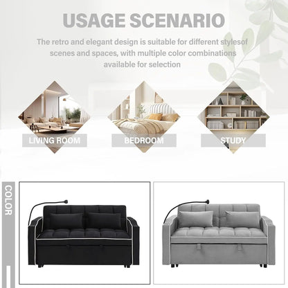 3-in-1 Velvet Sleeper Sofa, Pull-Out Bed, Adjustable Backrest, 55 Loveseat Bed