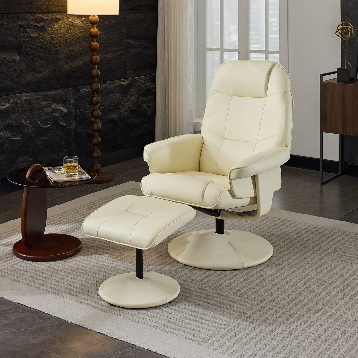 Massage chair with reclining function, heating & footstool, reclining TV chair made of PU fabric, 360° swivel, beige