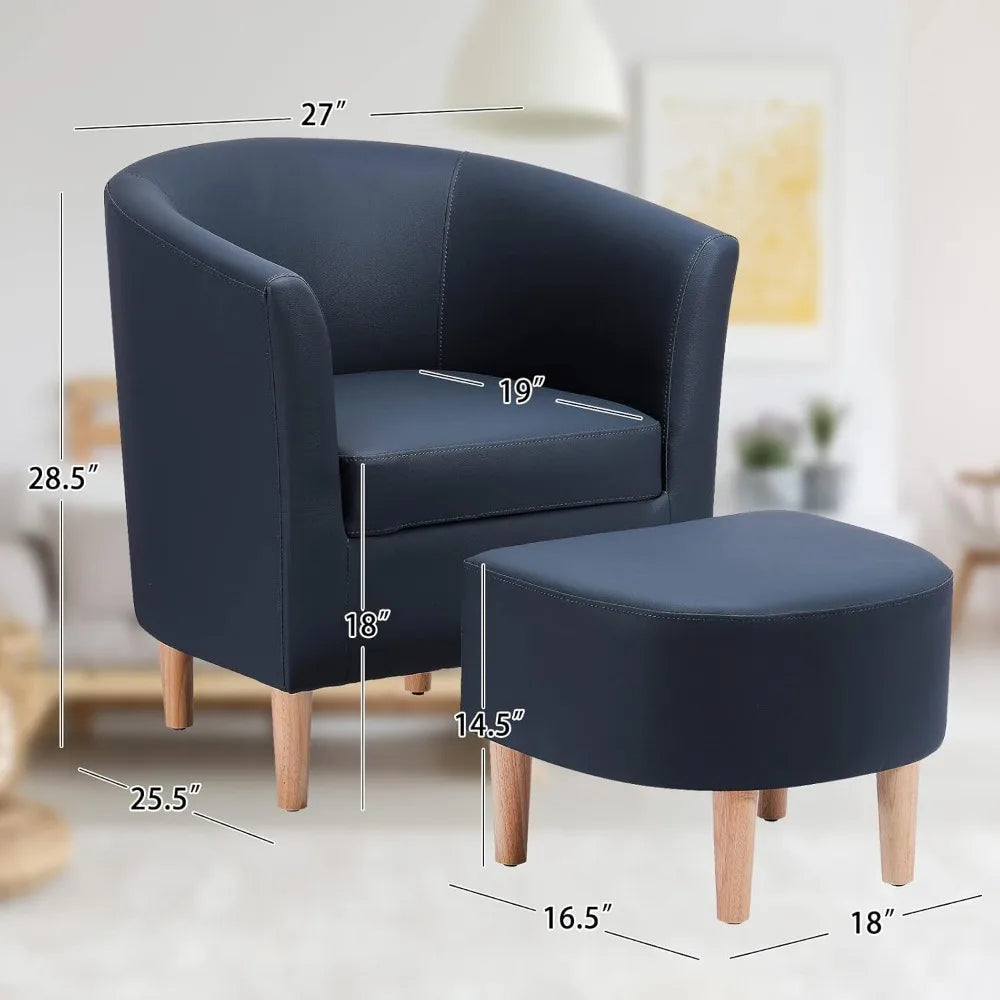 Leather Chair, Accent Chair Mid Century Modern with Ottoman Faux Barrel Comfy Armchair Upholstered Club Tub Round Arms for Livin
