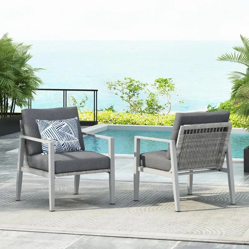 Set of 2 Silver Aluminum Lounge Chairs with Rope Accents and Cushions for Modern Indoor and Outdoor Spaces