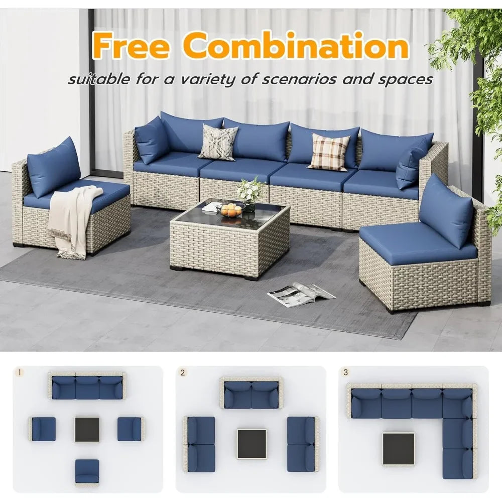Seven Piece Patio Set, Modular Sectional Sofa Design, Includes Tea Table, PE Wicker Outdoor Conversation Group For Patio Use