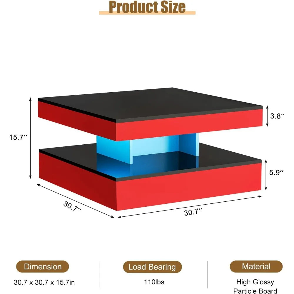 Red LED Coffee Table for Living Room, Living Room Table 2-Tier Square Modern High Glossy Contemporary Wood Coffee Tables