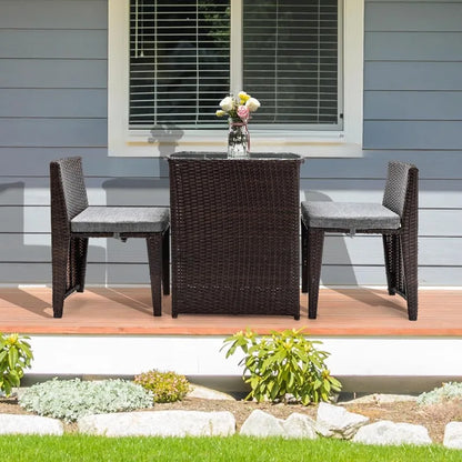 POPULAR.3 PCS Wicker Outdoor Patio Bistro Set, Patio Furniture Set for Small Space with Glass Top Table Dining Chairs, Ba