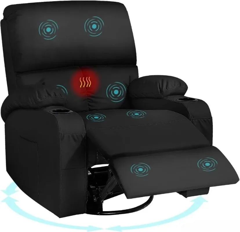 Massage Recliner Chair with Heat & Vibration, 360° Swivel Rocker, Faux Leather, Easy Assembly