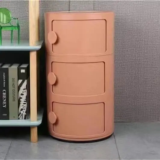 Plastic Round Nightstand Bedside Table Cabinet with Sliding Doors Round Storage Bedside Cabinet Nightstand  for Living Bedroom