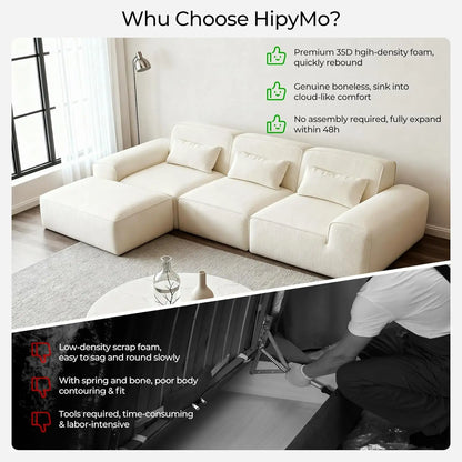 110" L Shaped Modular Cloud Couch Sectional – Boneless 3-Seater Sofa with Ottoman for Living Room Bedroom and, Customized
