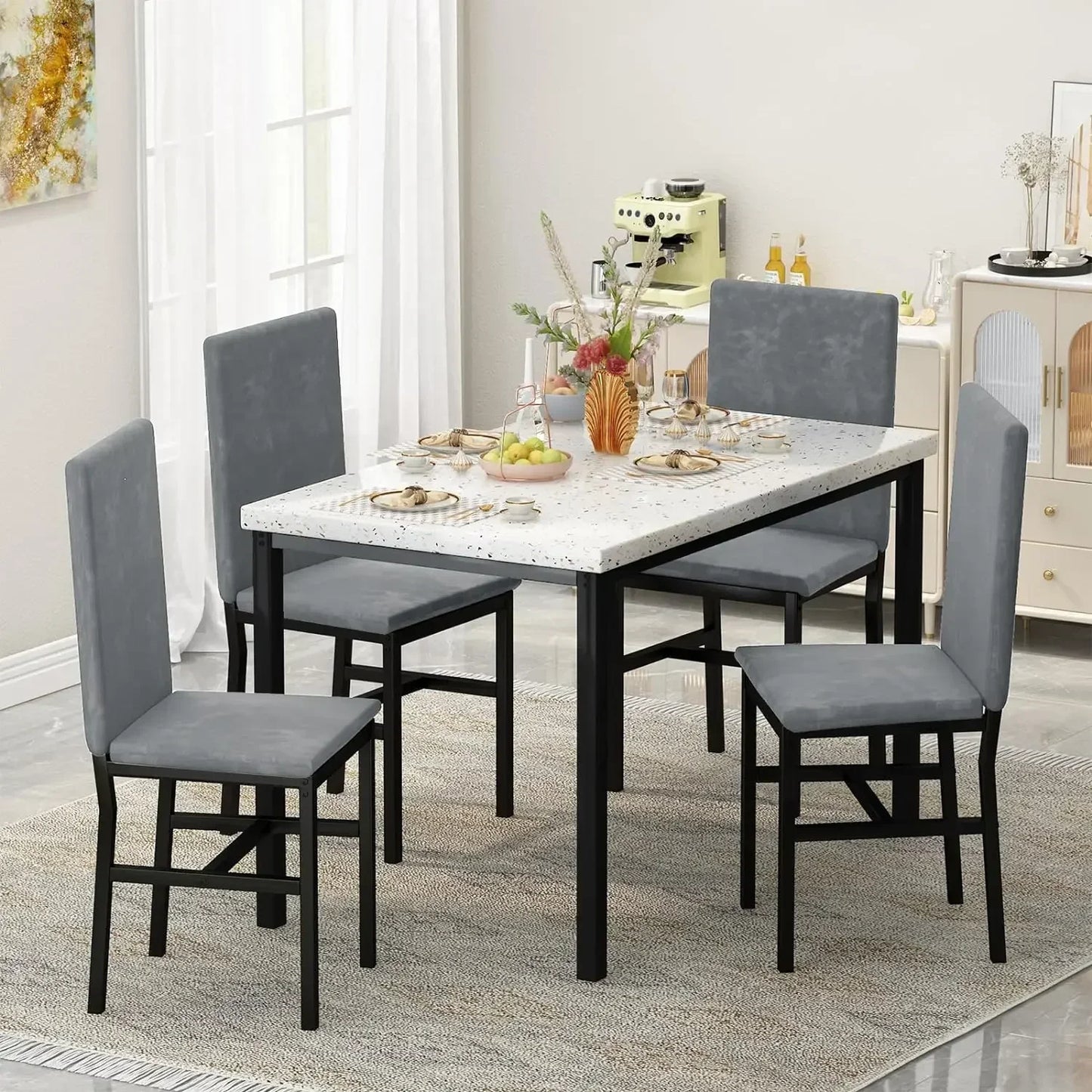 # Hot Sales Dining Table Set For 4- Space And Chairs For 4 Modern Style Faux Marble Tabletop & 4 Blue Velvet Chairs For Dining R