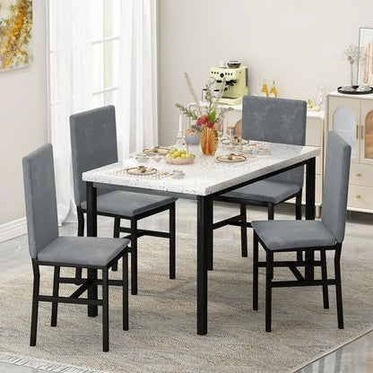 # Hot Sales Dining Table Set For 4- Space And Chairs For 4 Modern Style Faux Marble Tabletop & 4 Blue Velvet Chairs For Dining R