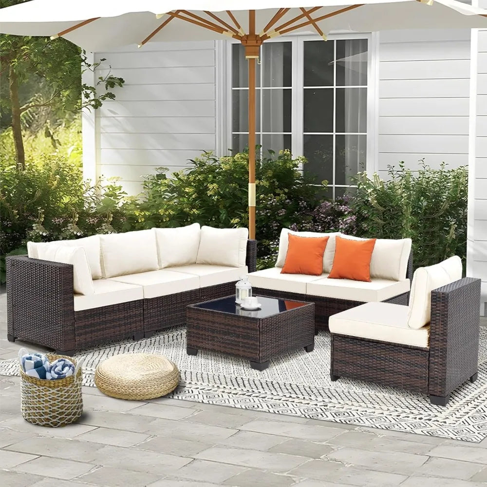 outdoor patio furniture set: 7-piece wicker modular conversation sectional sofa with cushions and coffee table