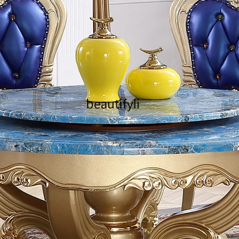 A55 European dining table andchairs American marble round table with turntable solid wood carving flower luxury champagne gold r