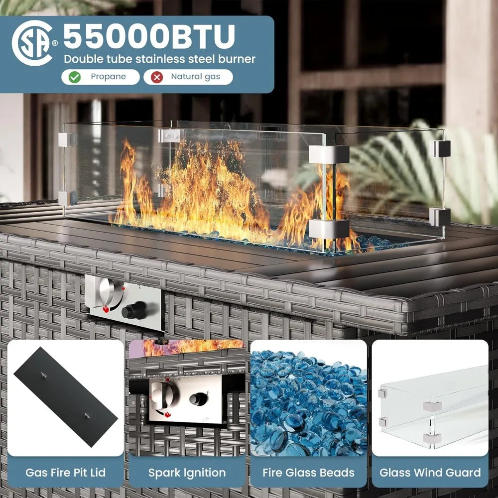 7-Piece Outdoor Patio Furniture Set with Fire Pit, Sectional Wicker Sofa and Coffee Table