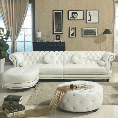 Modern Home Furniture Genuine Leather L-Shaped Sectional Corner Sofa Set Wood Legs with Sponge Filling for Living Room Villa