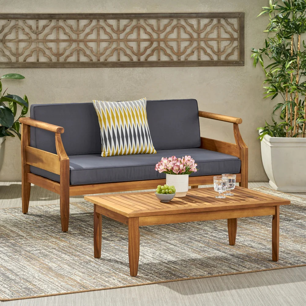 Outdoor Acacia Wood Lounge Armchair with Water Resistant Cushion, Modern Club Chair for Garden Patio Backyard Poolside