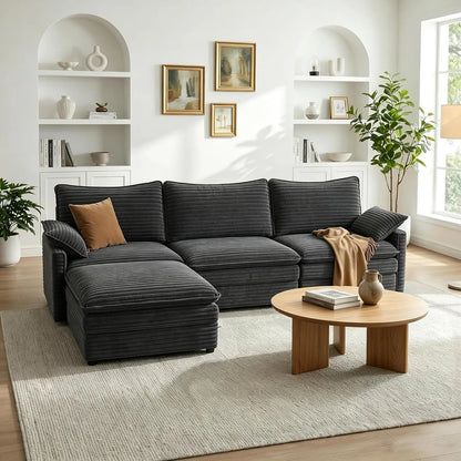 108" L-Shaped Chenille Cloud Sectional Sofa, Deep Seat Modular Couch with Movable Ottoman, Customized