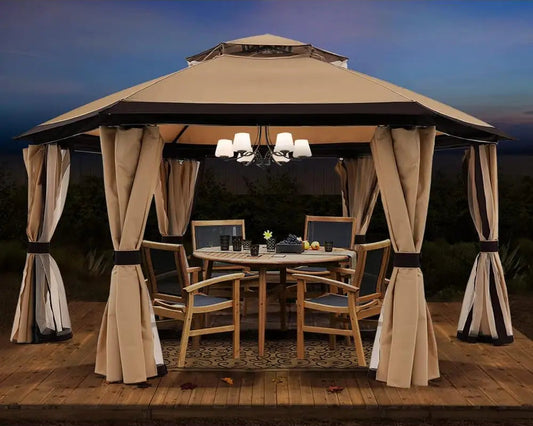 For 10'x10' Gazebos for Outdoor Hexagonal Gazebo with Netting and Privacy Curtains By, 120"L X 120"W X 110"H, 74.8 Pounds
