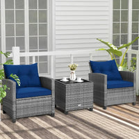 3 Piece Patio Furniture Set Outdoor Wicker Rattan Sofa with Cushions Coffee Table with Tempered Glass Conversation Sofa